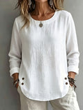 Women's Solid Color Casual Crew Neck Long Sleeve Shirt - White