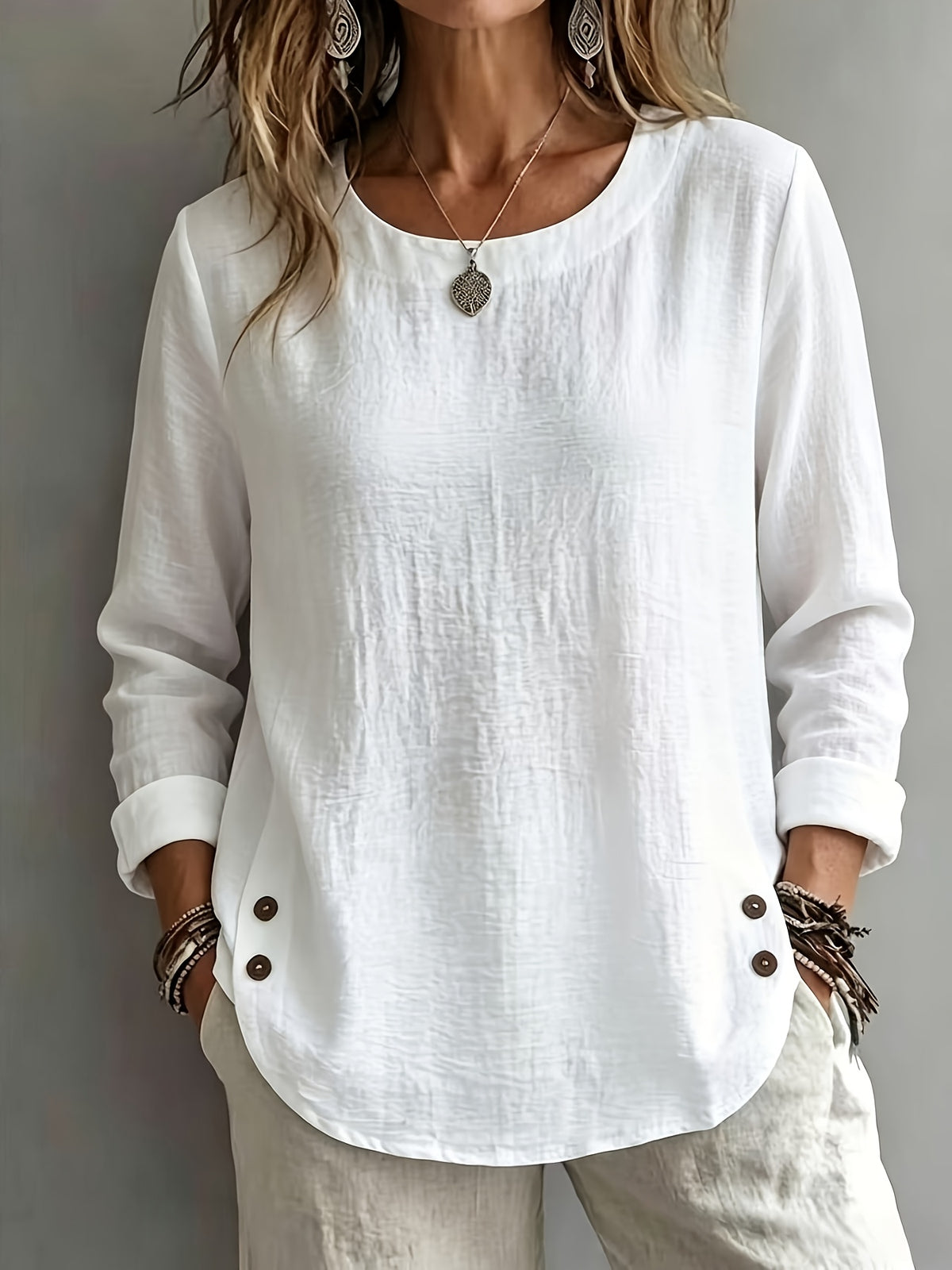 Women's Solid Color Casual Crew Neck Long Sleeve Shirt - White