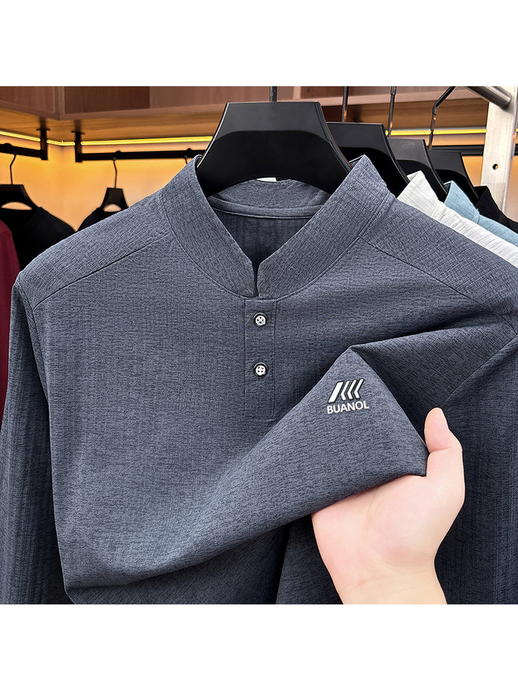 Men'S Henley Collar Vertical Stripe Stretch Long Sleeve T-Shirt - Dark Gray