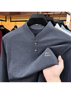 Men'S Henley Collar Vertical Stripe Stretch Long Sleeve T-Shirt - Dark Gray