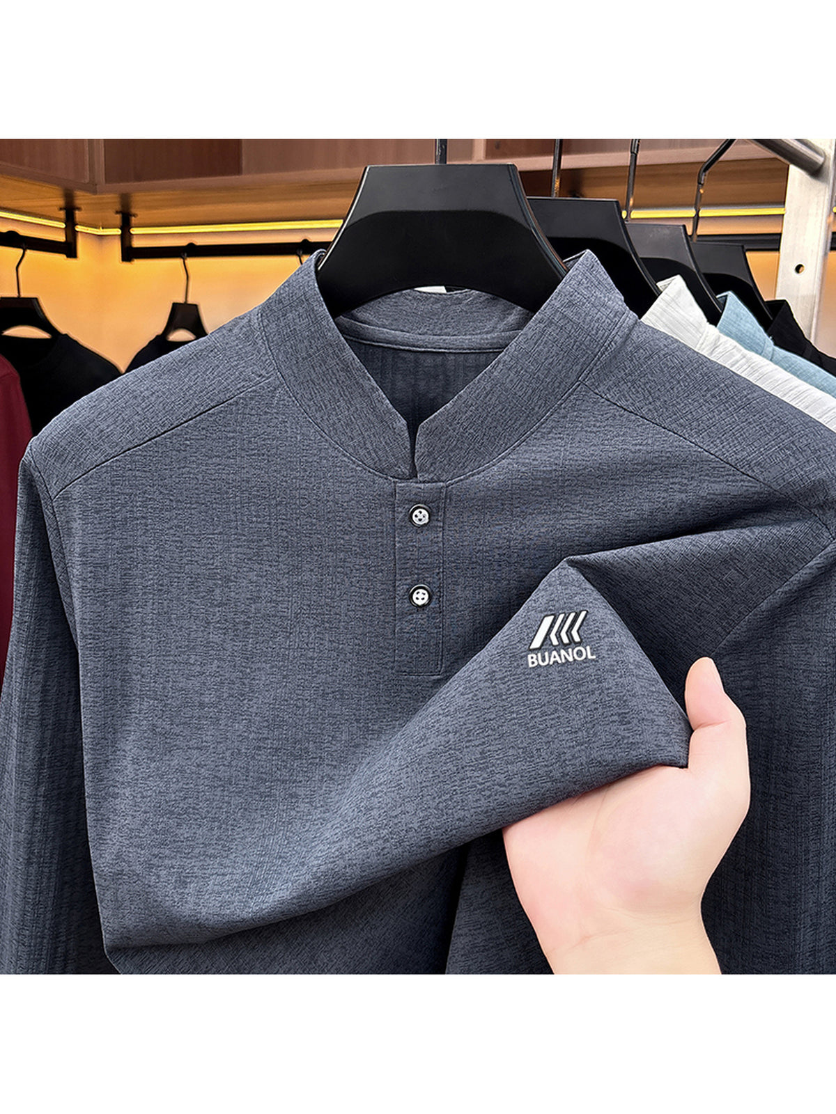Men'S Henley Collar Vertical Stripe Stretch Long Sleeve T-Shirt - Dark Gray