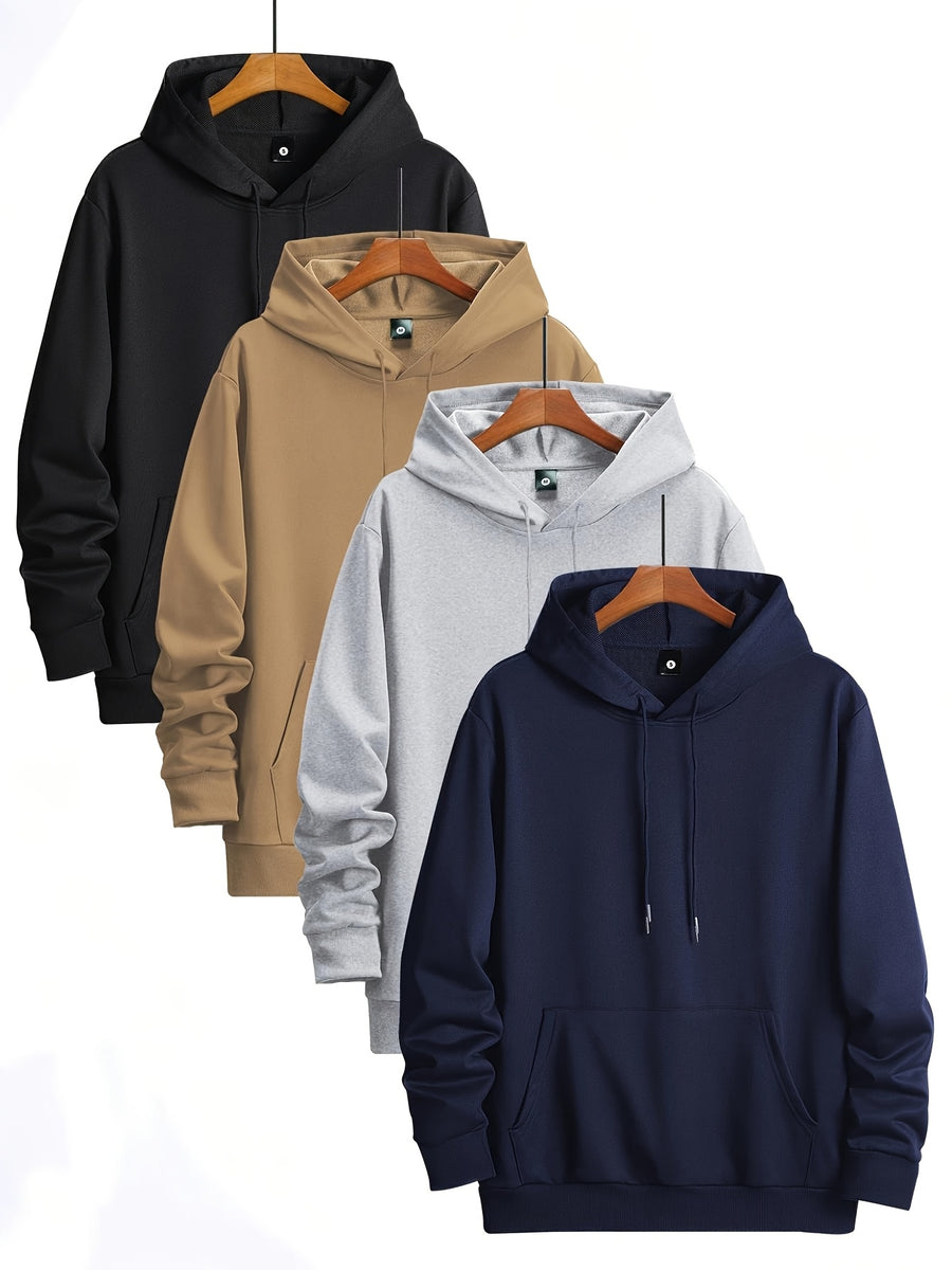 A Set of 4 Men'S Long-Sleeve Hoodies for Spring And Autumn, Featuring a Solid Color, Drawstring Design, And Kangaroo Pocket. Perfect for Casual Outdoor Sports And Jogging, Ideal As a Gift for Boyfriends Or Husbands - Mixed colors