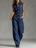 [Printed Pants - Not Denim Fabric] Women's Temperament Sleeveless Imitation Denim Jumpsuit with Single-Breasted Buttons, Pockets, and Waistband - Navy Color