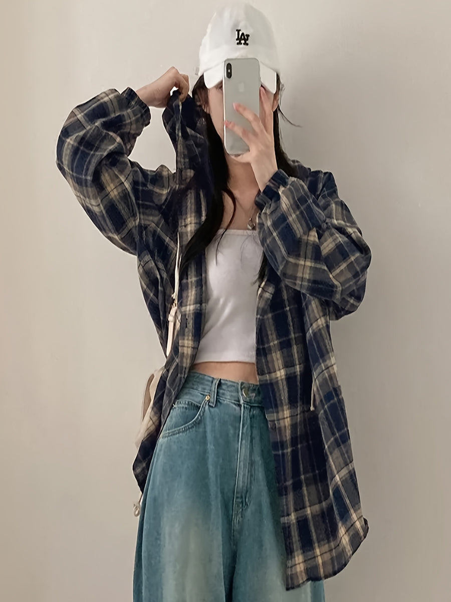 Brown Hooded Plaid Shirt - Navy Color