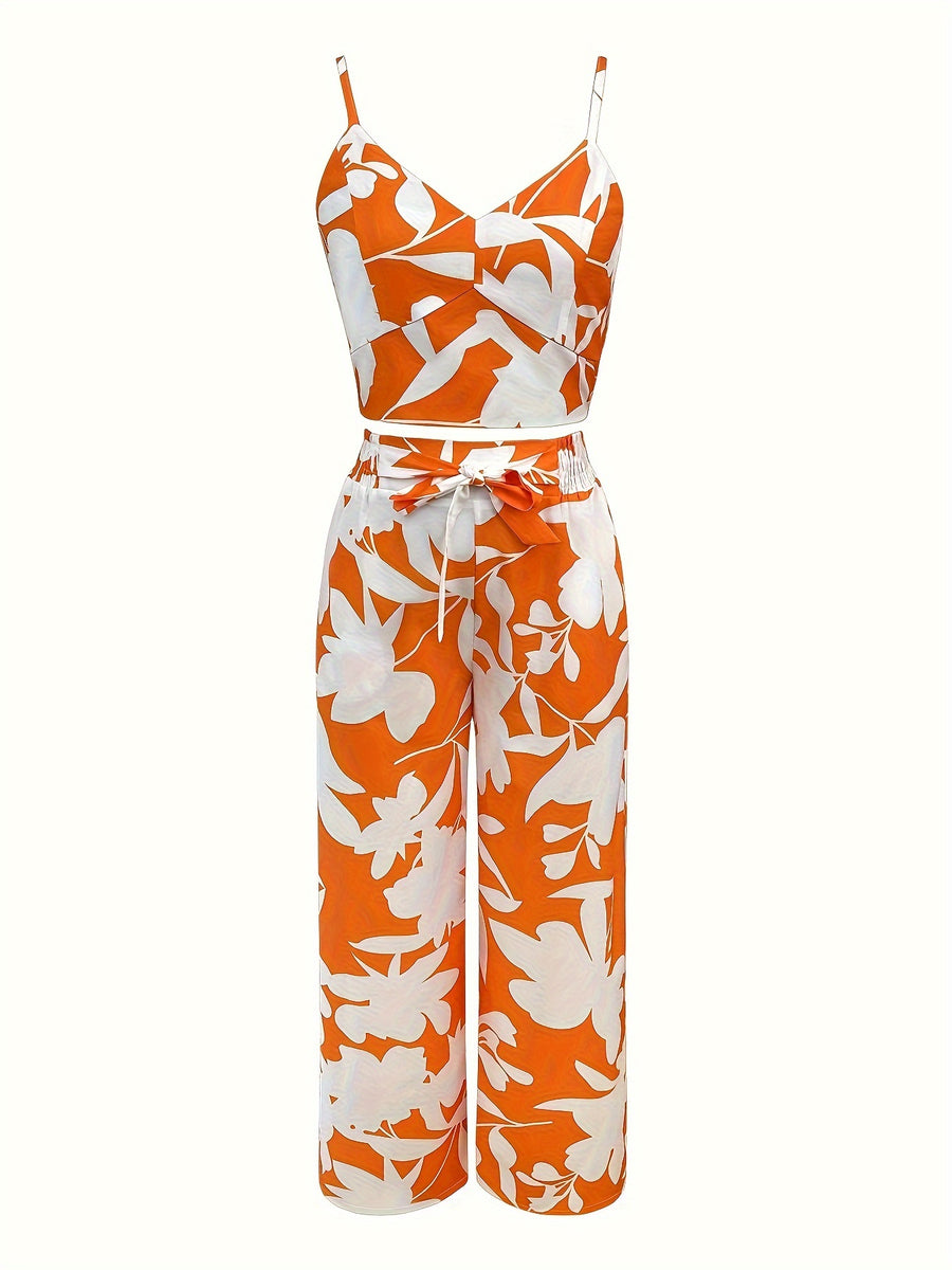 New Summer Fashion Versatile Elegant V-Neck Camisole Paired with Tie-Up Long Pants Set for Women - White