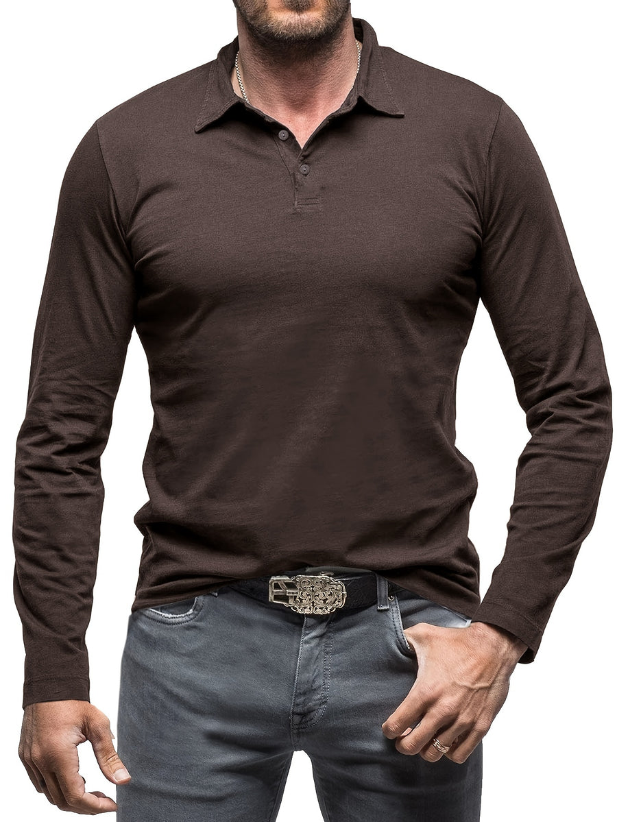 New Style Lapel European And American Style Men'S T-Shirt, Solid Color, Cross-Border Foreign Trade Men'S Long-Sleeve Polo Shirt - Brown
