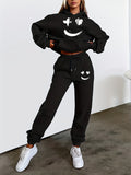 joyful Face Print, Women's Casual Hooded Two-Piece Set - Black