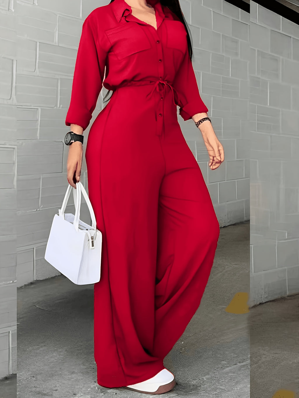 Women'S Spring Autumn Fashion Casual Shirt Button Drawstring Jumpsuit - Red