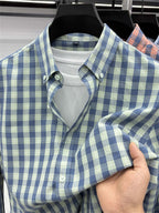 Men's Loose-Fit Thin Plaid Long-Sleeve Shirt for Spring, Summer, and Autumn, New Fashionable Casual Shirt for Young and Middle-Aged Men, Damai - Green Grid