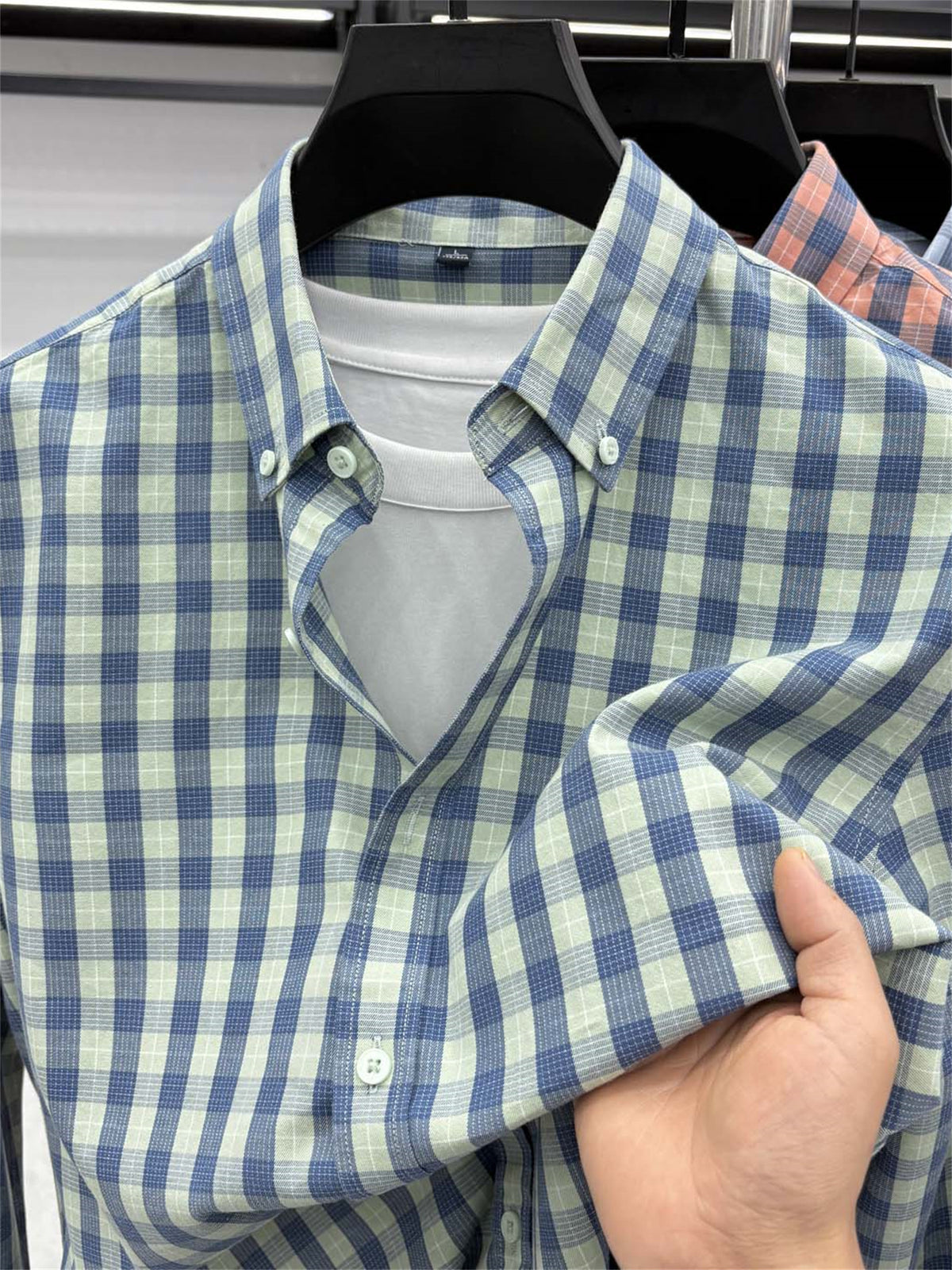 Men's Loose-Fit Thin Plaid Long-Sleeve Shirt for Spring, Summer, and Autumn, New Fashionable Casual Shirt for Young and Middle-Aged Men, Damai - Green Grid