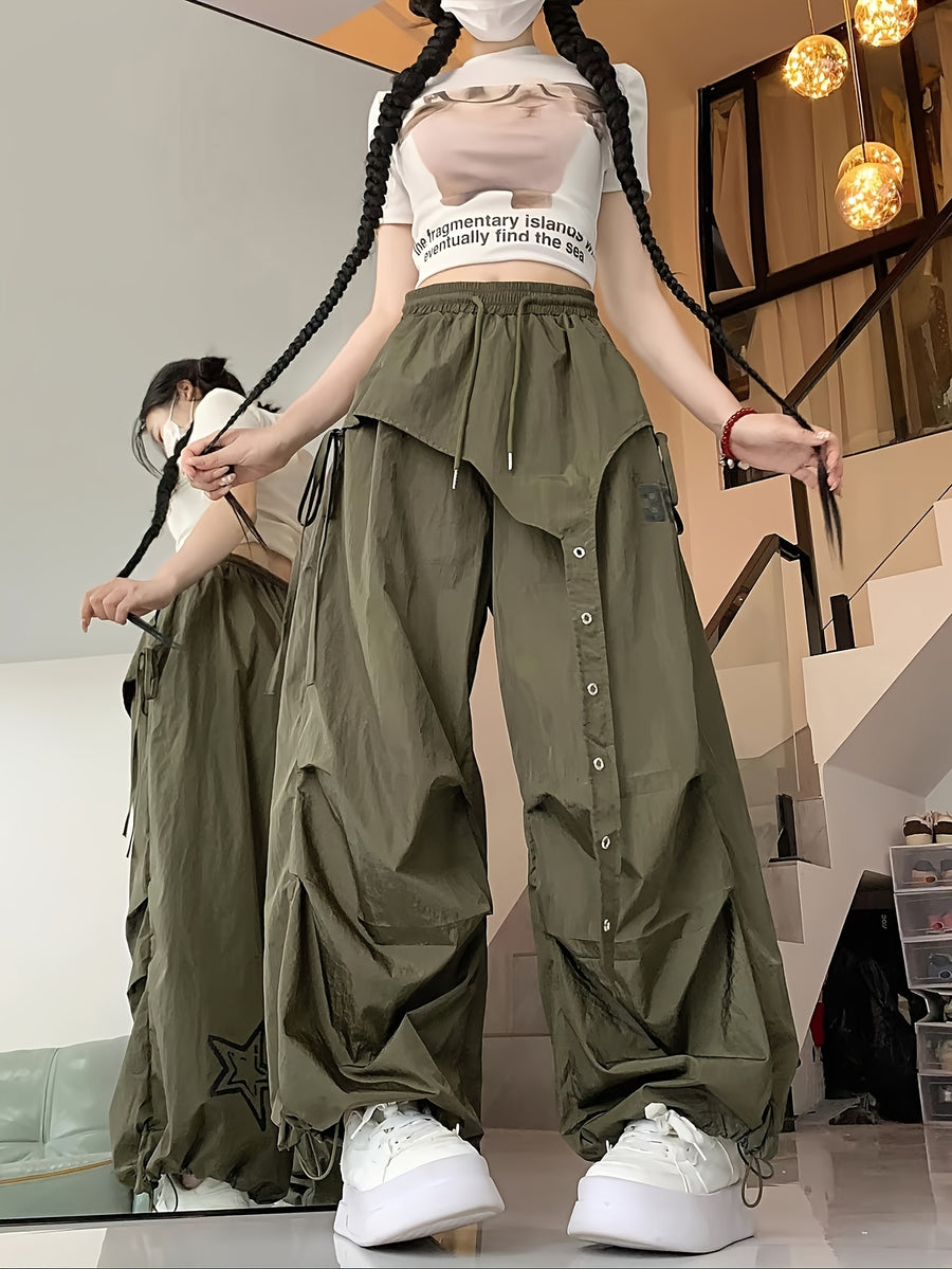 Spring And Autumn Women'S Korean-Style Irregular Design Jazz Street Dance Wide-Leg Pants - Army Green