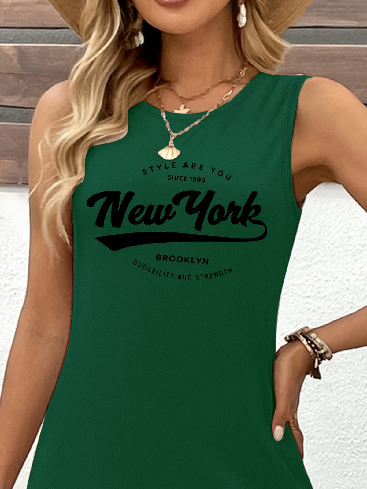 Women'S "New York" Graphic Tank Dress - Casual Sleeveless Summer Dress with "New York" Print, Soft Fabric, Round Neck, Perfect for Casual Attire, Casual Summer Attire | Graphic Tank Dress | Comfortable Fit, New York Fashion - Green