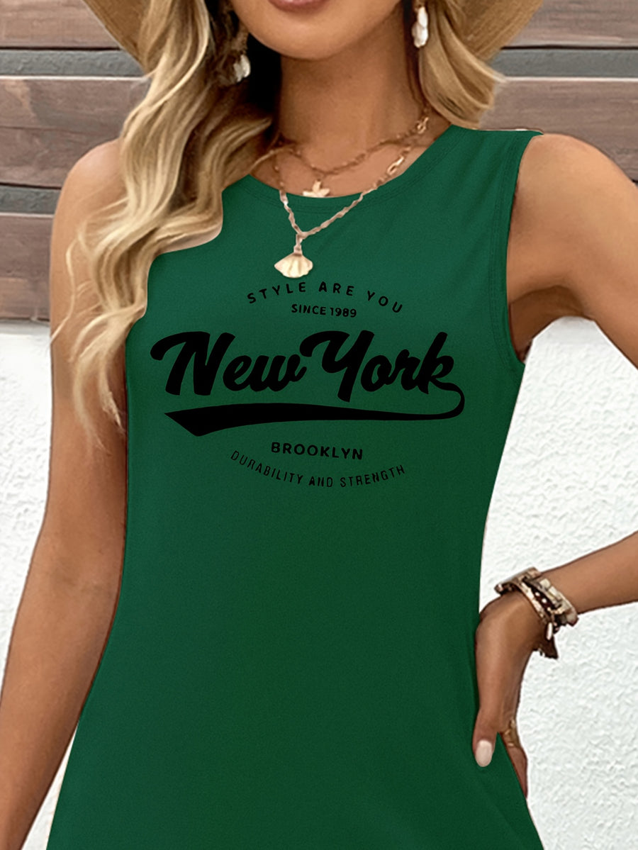 Women'S "New York" Graphic Tank Dress - Casual Sleeveless Summer Dress with "New York" Print, Soft Fabric, Round Neck, Perfect for Casual Attire, Casual Summer Attire | Graphic Tank Dress | Comfortable Fit, New York Fashion - Green