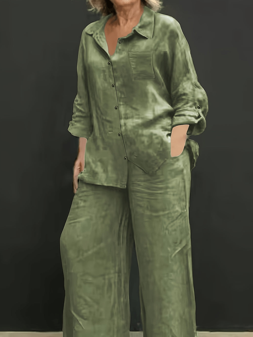 Elegant Women's Casual Cardigan Solid Color Shirt and Pants Set - Olive Green