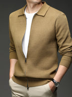 Xingfan Autumn/Winter Men's Long-Sleeve Open-Front Cardigan Lapel Business Casual Solid Color Chunky Knit Full-Zip Thickened Outerwear Jacket - Khaki
