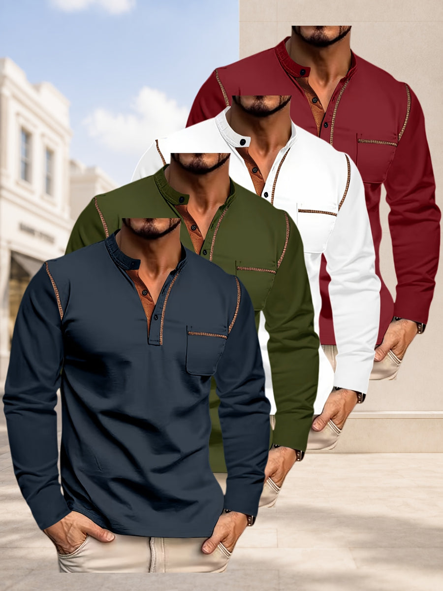 [JOSHIMAI OBM] 4pcs Men'S Long Sleeve Henley Shirts, Soft Comfortable Skin-Friendly Fabric, Lightweight Breathable Easy Care Stand Collar 3-Button Placket with Chest Pocket Detail, Solid Color Casual Top, Versatile for Office Commute - Navy blue + army green + white + burgundy