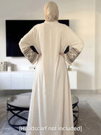 Black Long Cardigan for Women with Ethnic-Style Embroidered Cuffs, Perfect for a Casual And Relaxed Look, Suitable for Commuting, Shopping, Or Vacationing. Ideal for Eid Al-Fitr, Eid Al-Adha, Ramadan, And Other Festive Occasions - Apricot