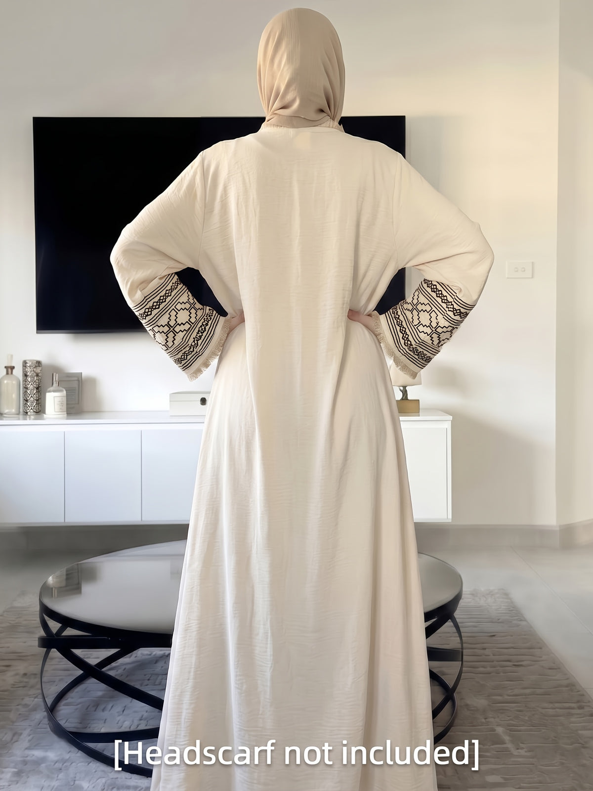 Black Long Cardigan for Women with Ethnic-Style Embroidered Cuffs, Perfect for a Casual And Relaxed Look, Suitable for Commuting, Shopping, Or Vacationing. Ideal for Eid Al-Fitr, Eid Al-Adha, Ramadan, And Other Festive Occasions - Apricot