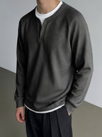 Men's Minimalist Korean Henley Collar Long Sleeve Top Waffle Knit Breathable Raglan Sleeve Casual Sweatshirt for Spring Autumn Daily Commute Layering Wear - Grey