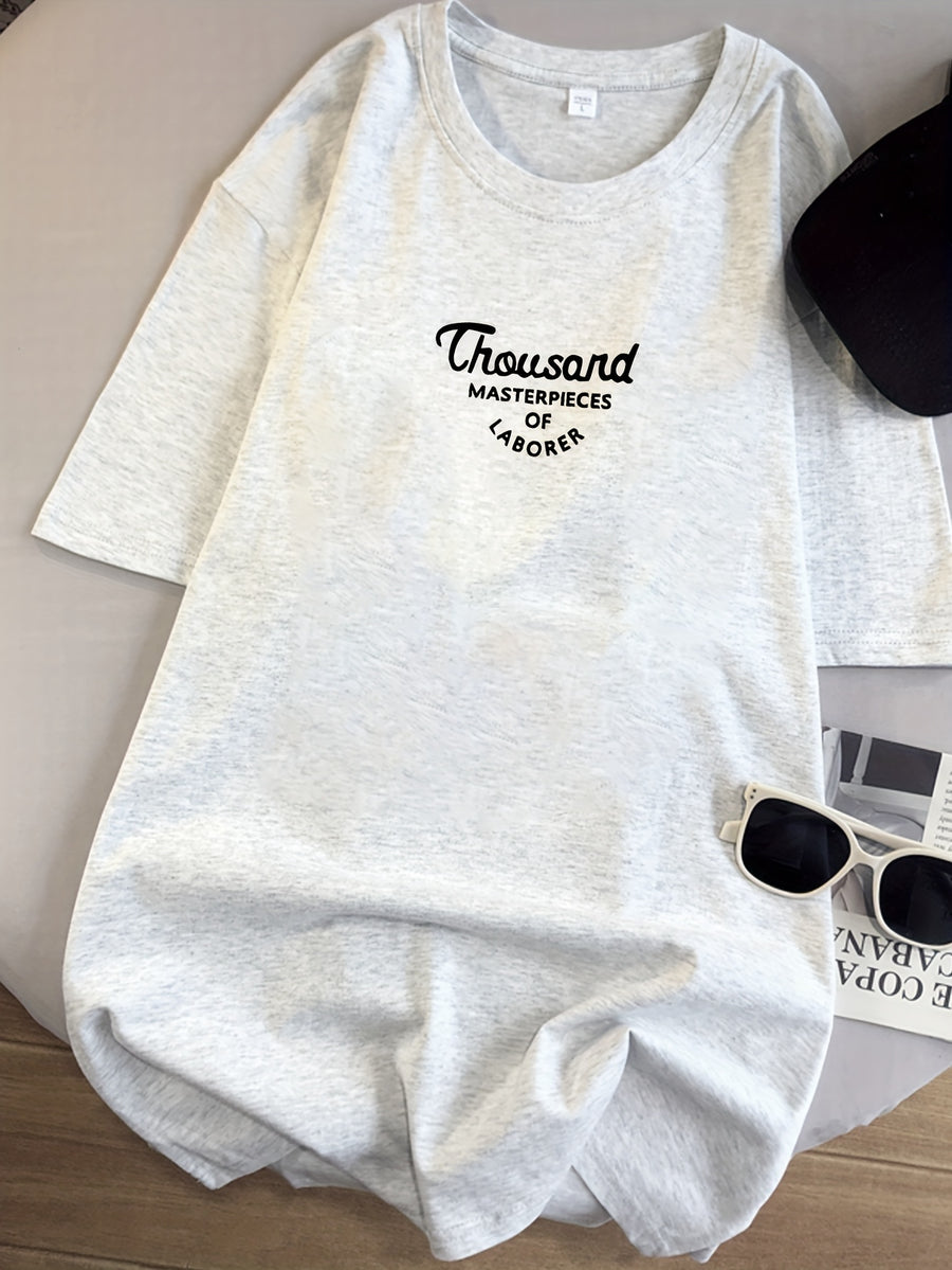 Women's Oversized T-Shirt - Loose Fit Short Sleeve Top with Letter '' Print, Round Neck Casual Summer Blouse for Spring Summer Fall, Breathable Casual Attire (Hand Washable) - White Gray