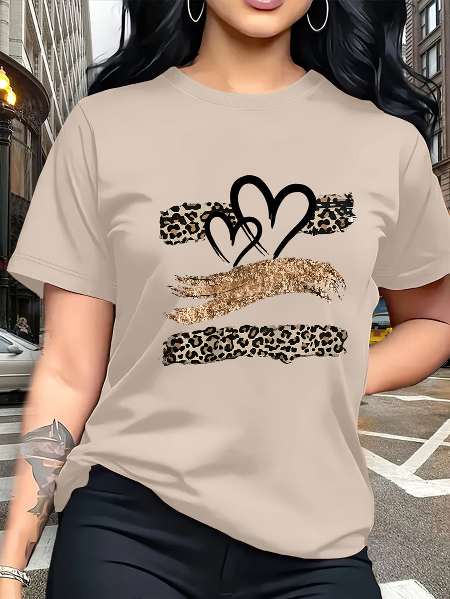 Leopard Print Heart Glitter-themed Pattern Print, Fashionable Breathable T-shirt, for Family Travel,, Casual S, Daily Commutes, Matching Outfits for Sisters, Versatile T-shirt 30057 - Apricot