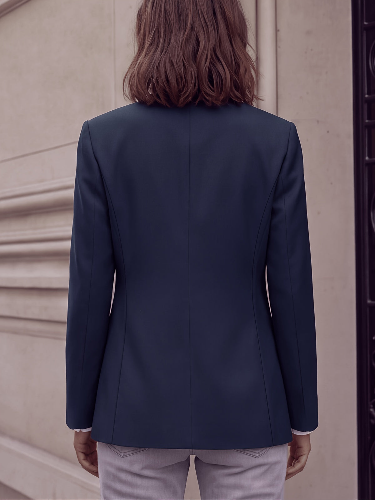 Stand-up Collar with Irregular Slanted Placket, Women's Casual Blazer, Versatile and Elegant Commuter Blazer Top, Dual-wear Suit for Daily and Workplace, Lined, with Pockets - Blue Navy