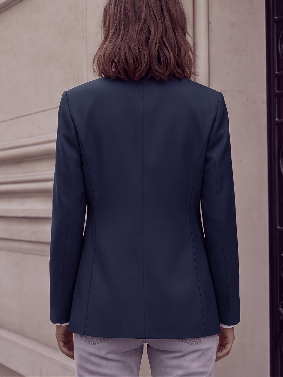 Stand-up Collar with Irregular Slanted Placket, Women's Casual Blazer, Versatile and Elegant Commuter Blazer Top, Dual-wear Suit for Daily and Workplace, Lined, with Pockets - Blue Navy