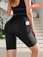 4pcs New Women's Fashion Shorts, Outdoor Sports Pants, Butt-Lifting Tummy Control Leggings, Breathable Moisture-Wicking Comfortable Casual Shorts, Knee-Length Pants - Black+Bean Paste+Dark Red+Navy Blue