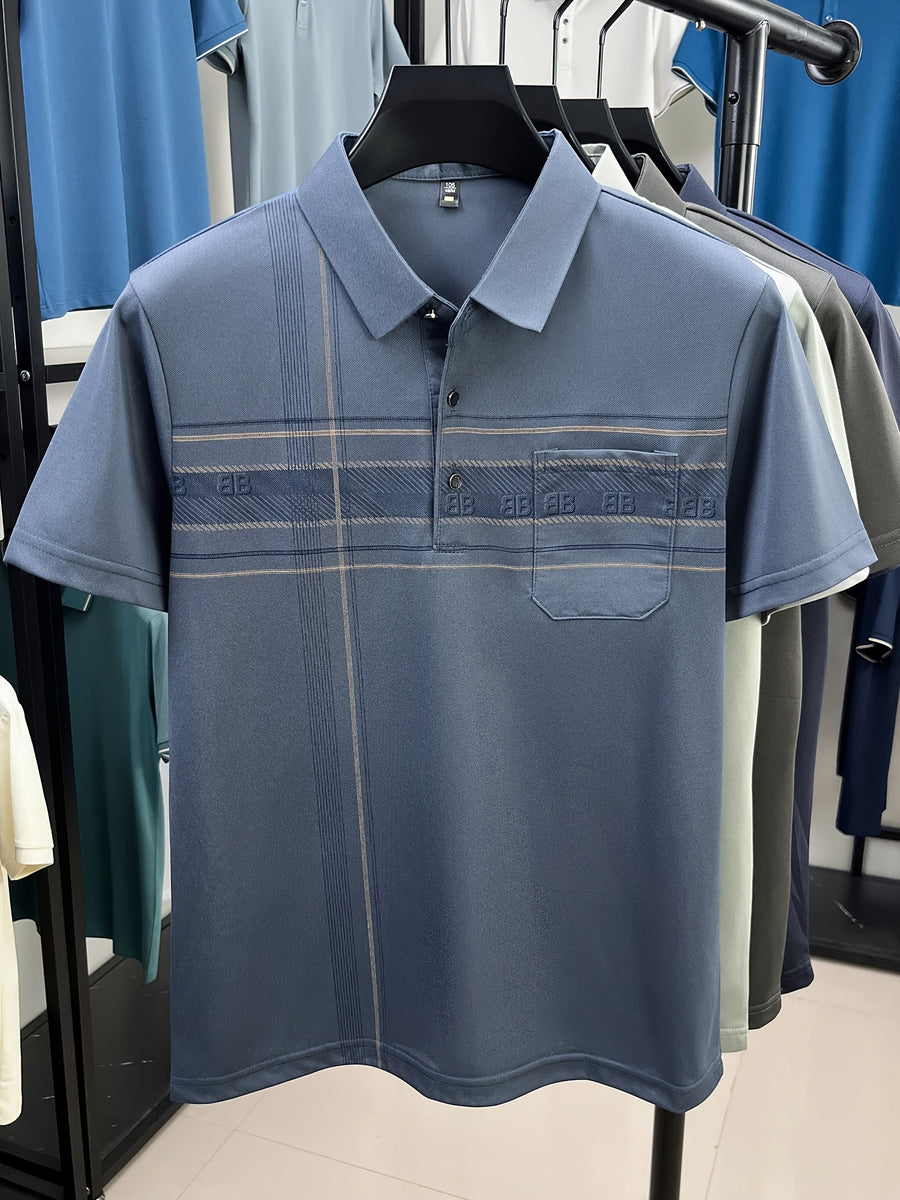 New Spring/Summer Men's Polo Shirt, Striped Contrast Color Half-Placket Single-Breasted Lapel Short-Sleeve T-Shirt, Men's Business Casual Fashionable Breathable Versatile Pullover Base Layer Top with Chest Pocket, Suitable for Spring and Summer - Fog Blue
