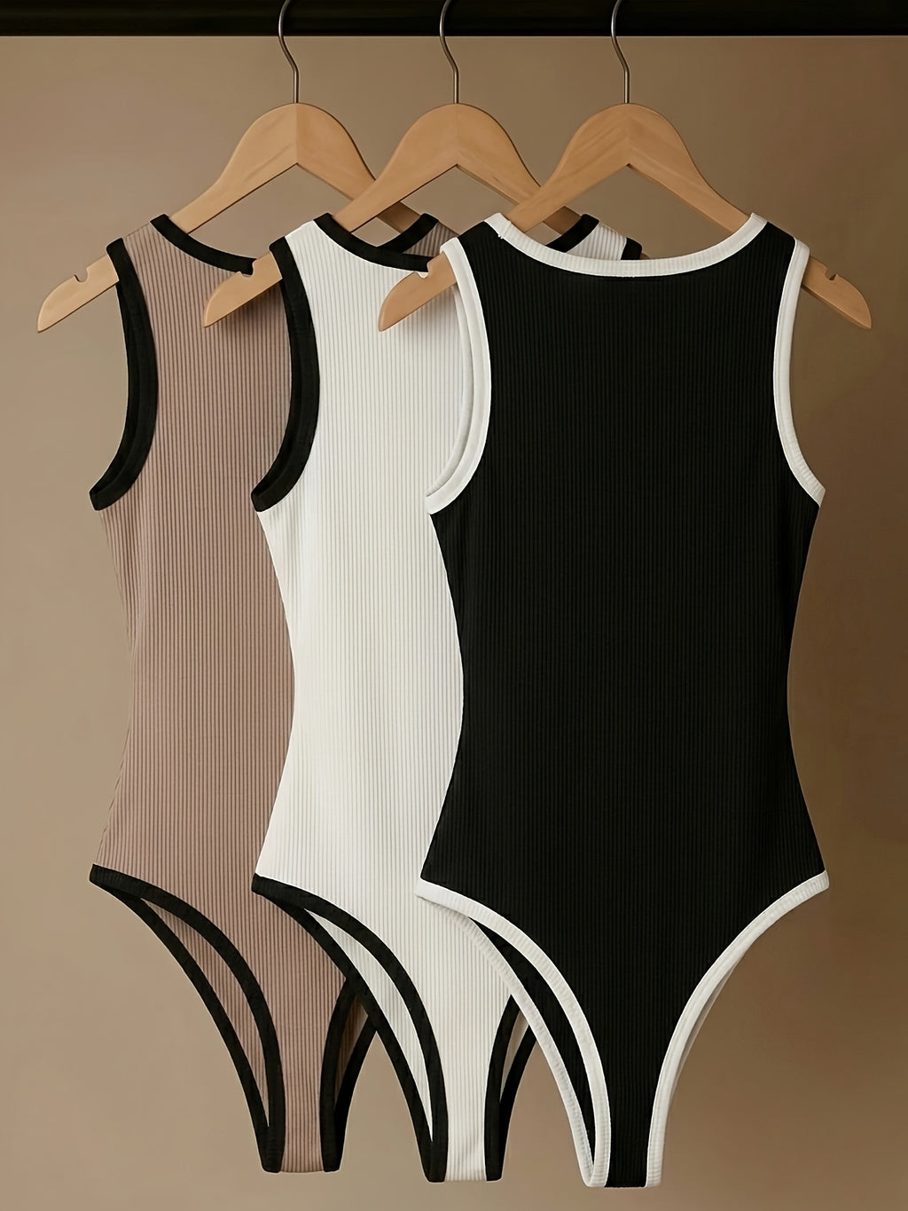 Elegant Fashion Commuter Zipper Design Color-Block Sleeveless Bodysuit 3pcs Set - Black+white+khaki