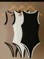 Elegant Fashion Commuter Zipper Design Color-Block Sleeveless Bodysuit 3pcs Set - Black+white+khaki