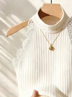 Women's Half-Turtleneck Lace Patchwork Vest, Sweet & Spicy Style, Mature Yet Youthful Look, Outerwear Top - Ivory White