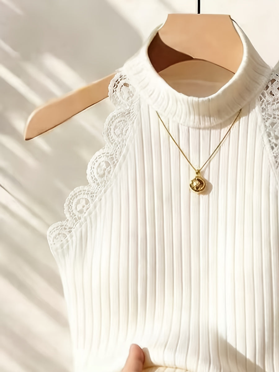 Women's Half-Turtleneck Lace Patchwork Vest, Sweet & Spicy Style, Mature Yet Youthful Look, Outerwear Top - Ivory White