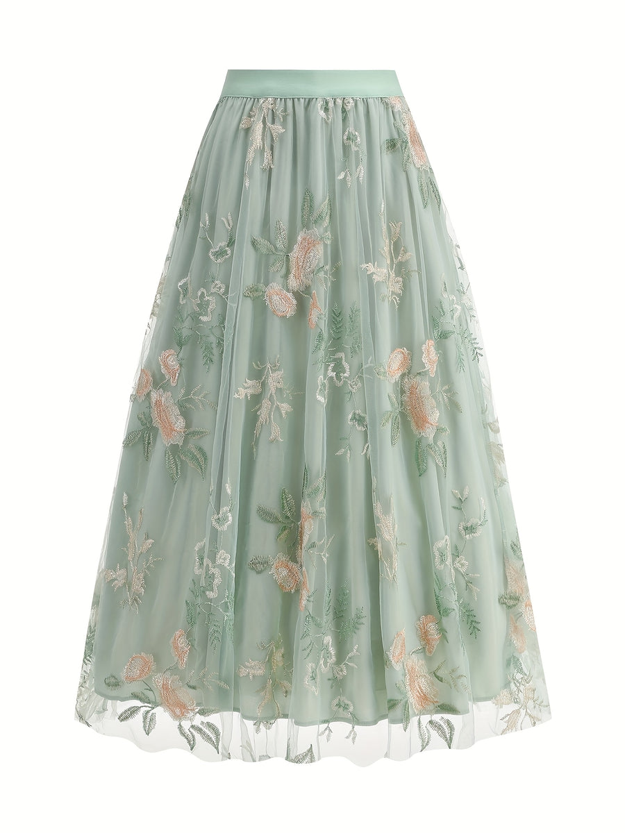 Women'S Elegant Mesh Embroidery Retro Versatile Party Midi Skirt - Light Green