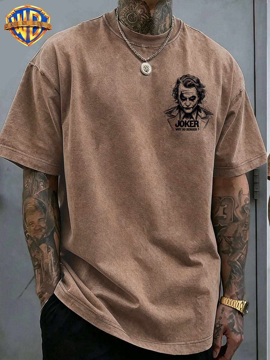 Warner Bros. Official - Cool Line Art Joker Print, American Vintage Washed Distressed T-Shirt, Suitable for Daily Commuting and Outdoor Wear, Machine Washable, Unisex - Coffee Brown