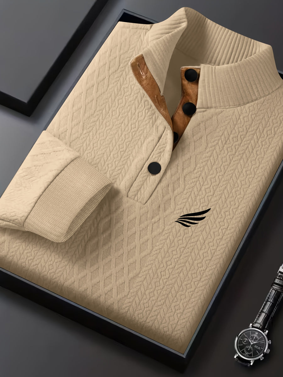 Men's New Jacquard Top with Textured Classic Stand Collar to Enhance Neckline, Half-Button Placket Continuing Vintage Henley Style, Patchwork Design Fashion Knit Shirt - Apricot