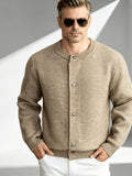 2026 New Fashionable Business Mature Casual Men's Crew Neck Single-Breasted Knit Cardigan, Ribbed Cuffs and Hem Loose Long-Sleeve Knit Outerwear, Suitable for Daily, Office, and Weekend Outings in Autumn and Winter - Khaki
