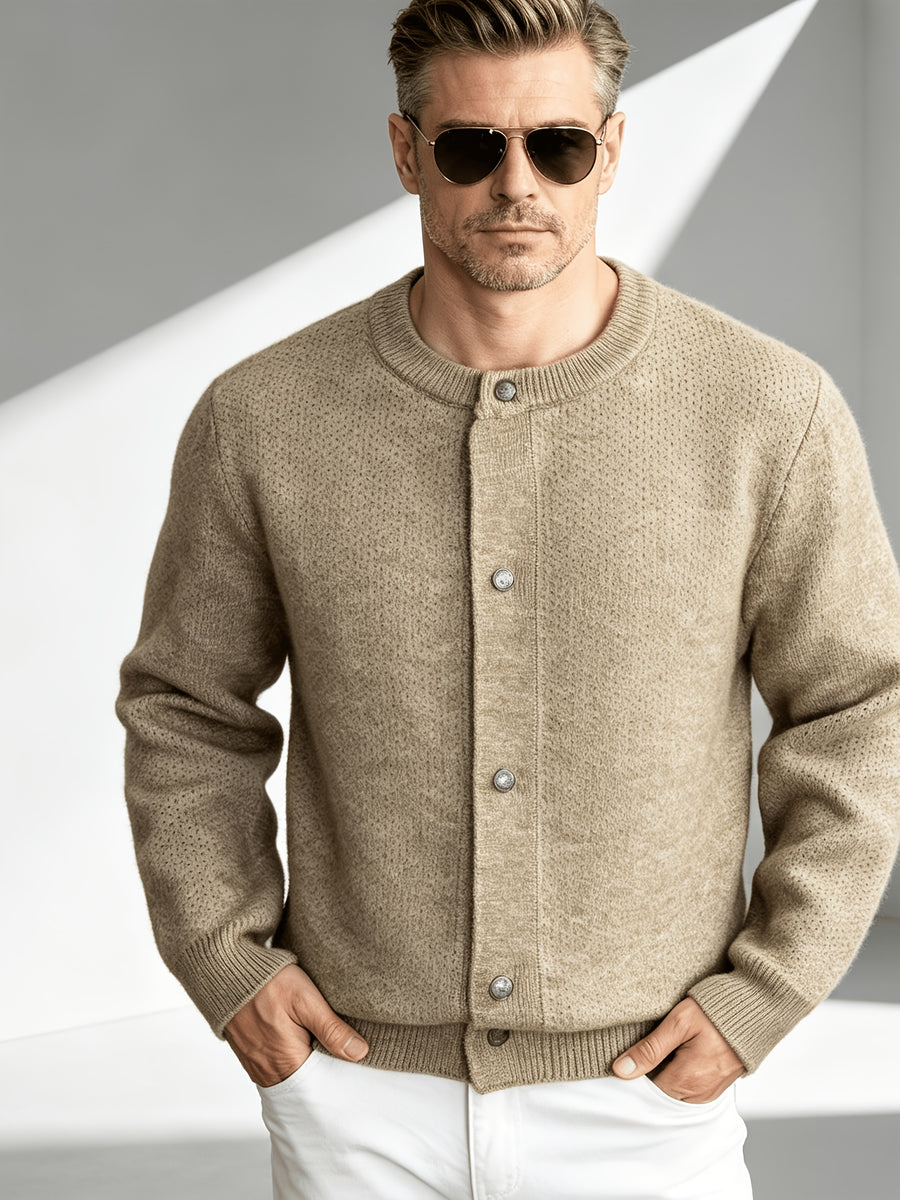 2026 New Fashionable Business Mature Casual Men's Crew Neck Single-Breasted Knit Cardigan, Ribbed Cuffs and Hem Loose Long-Sleeve Knit Outerwear, Suitable for Daily, Office, and Weekend Outings in Autumn and Winter - Khaki