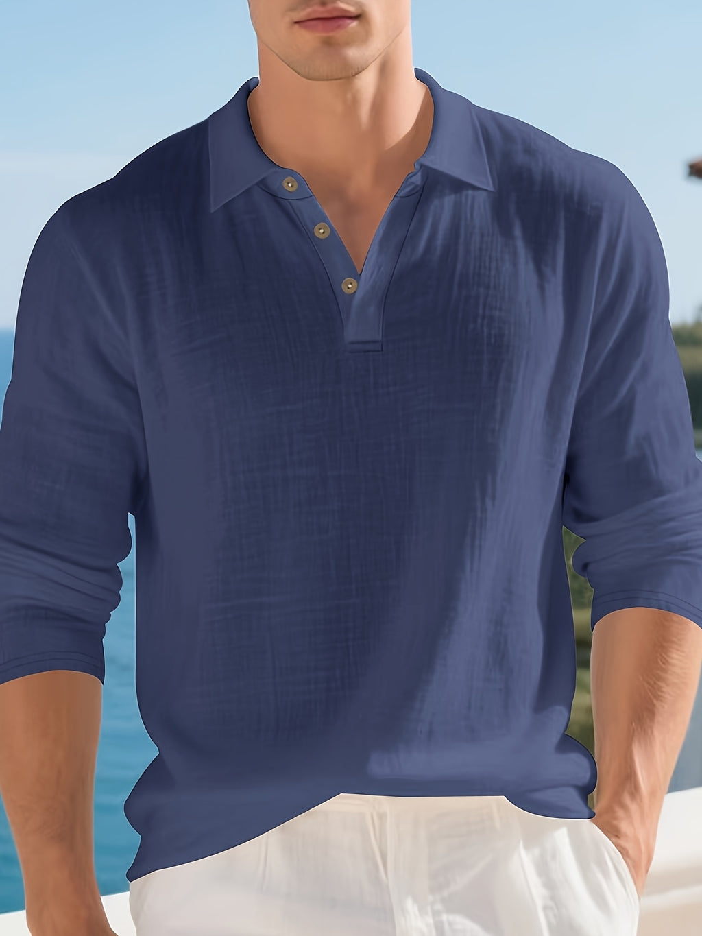 Men'S Textured Collar Button Polo Shirt, Regular Breathable Casual Outdoor Sports Versatile Top, 2pcs Set - Navy Blue+Light Grey