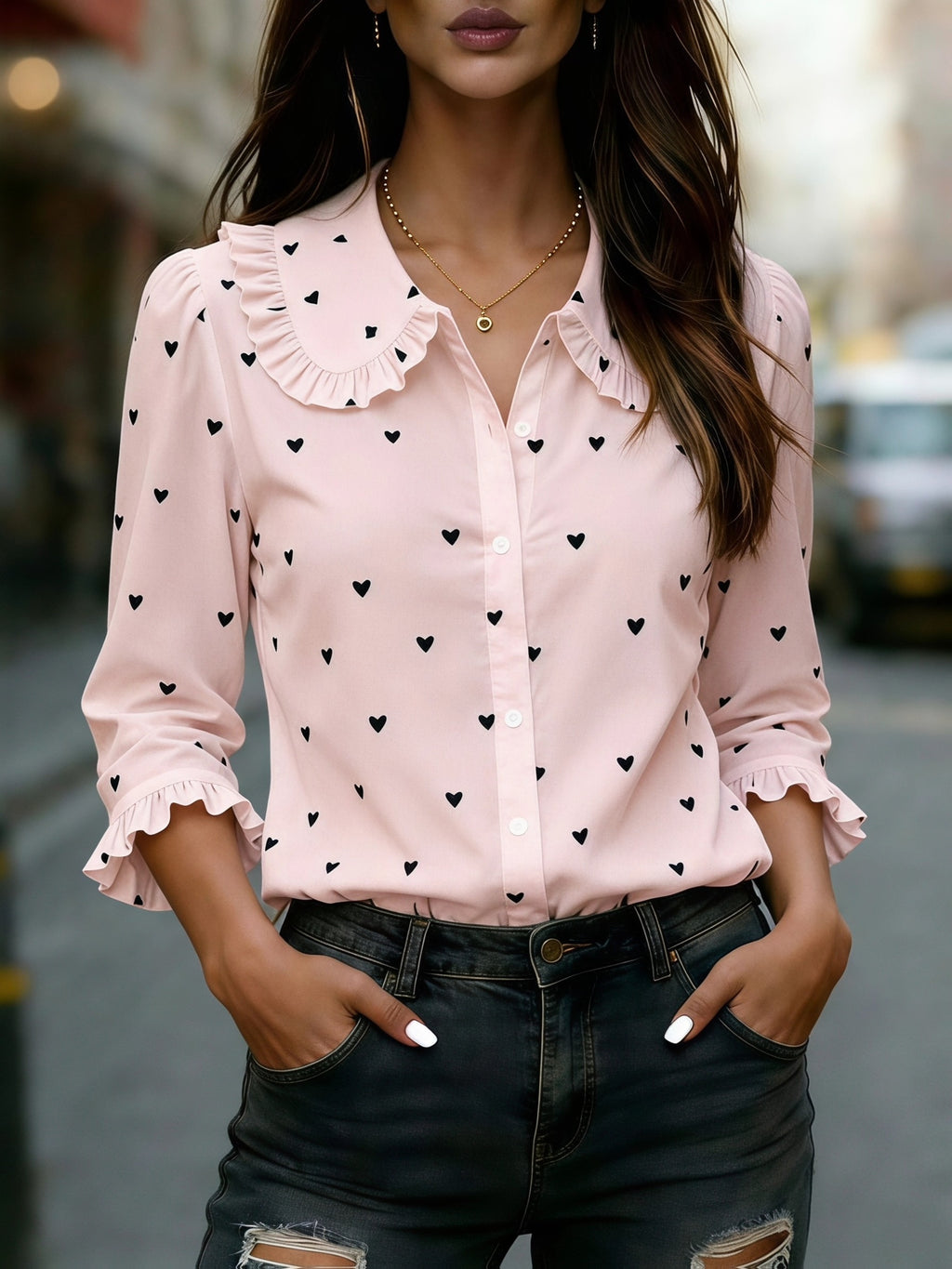 Women'S Heart Print Short Sleeve Blouse with Peter Pan Collar And Ruffled Cuffs - Pink Color