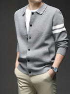 Star Dense Autumn-Winter Men's Striped Buttoned Open Front Long Sleeve Casual Turn Collar Knitted Cardigan, Mens Sleeveless Cardigans, Open Front Cardigan for Men, Cardigan, Men Plus Size Cardigan, Plus Size Mens Cardigan, Winter Wardrobe - Grey