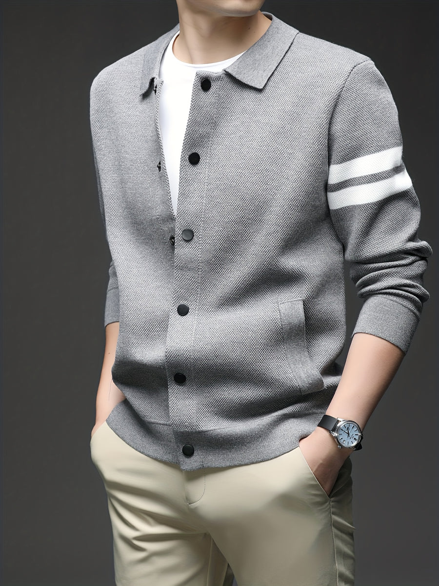 Star Dense Autumn-Winter Men's Striped Buttoned Open Front Long Sleeve Casual Turn Collar Knitted Cardigan, Mens Sleeveless Cardigans, Open Front Cardigan for Men, Cardigan, Men Plus Size Cardigan, Plus Size Mens Cardigan, Winter Wardrobe - Grey