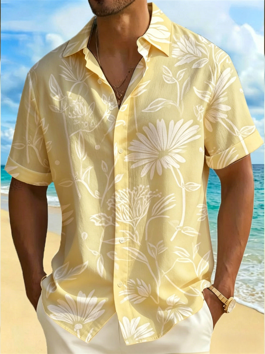 Digital Print - Men's Regular Fit Casual Shirt, a Fashionable Short-sleeve Shirt for Men, Featuring an Exquisite Botanical Line Art Design - Delicately Depicting White Floral Outlines on a Soft Light Yellow Background, Showcasing Minimalist Daisy - Mixed colors