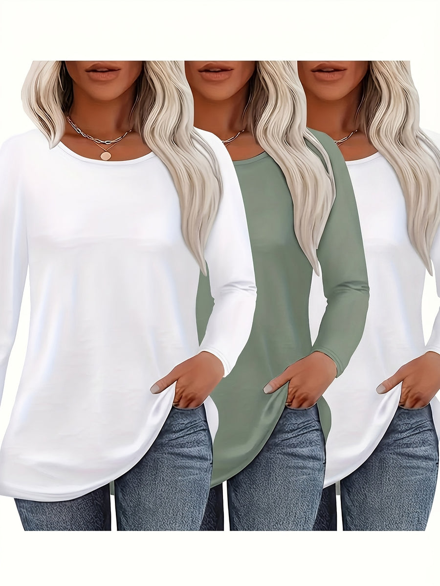 3pcs Long Sleeve Solid Color Women'S T-Shirts, Casual Holiday Outing Versatile Fall Winter Top Round Neck - 2 white + 1 green