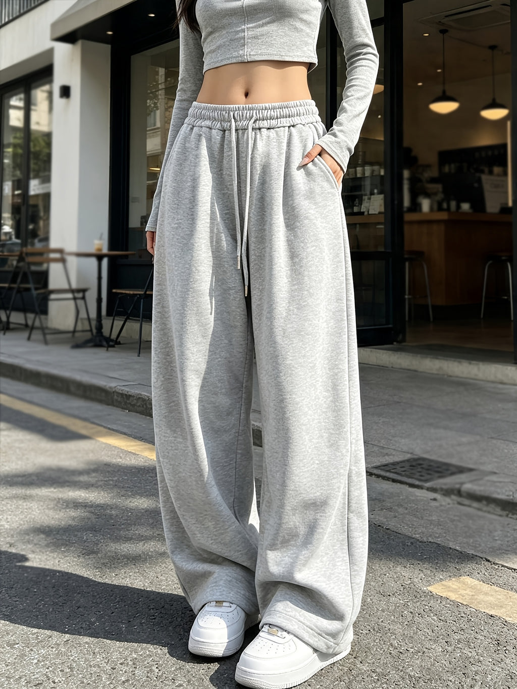 Spring And Autumn Drapey Loose Wide-Leg Athletic Pants for Women, Elastic Waist Drawstring High-Waist with Pockets, Easy All-Match Jogger Pants - Grey