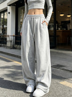 Spring And Autumn Drapey Loose Wide-Leg Athletic Pants for Women, Elastic Waist Drawstring High-Waist with Pockets, Easy All-Match Jogger Pants - Grey