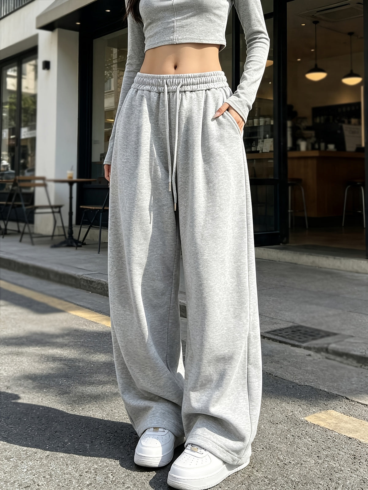 Spring And Autumn Drapey Loose Wide-Leg Athletic Pants for Women, Elastic Waist Drawstring High-Waist with Pockets, Easy All-Match Jogger Pants - Grey
