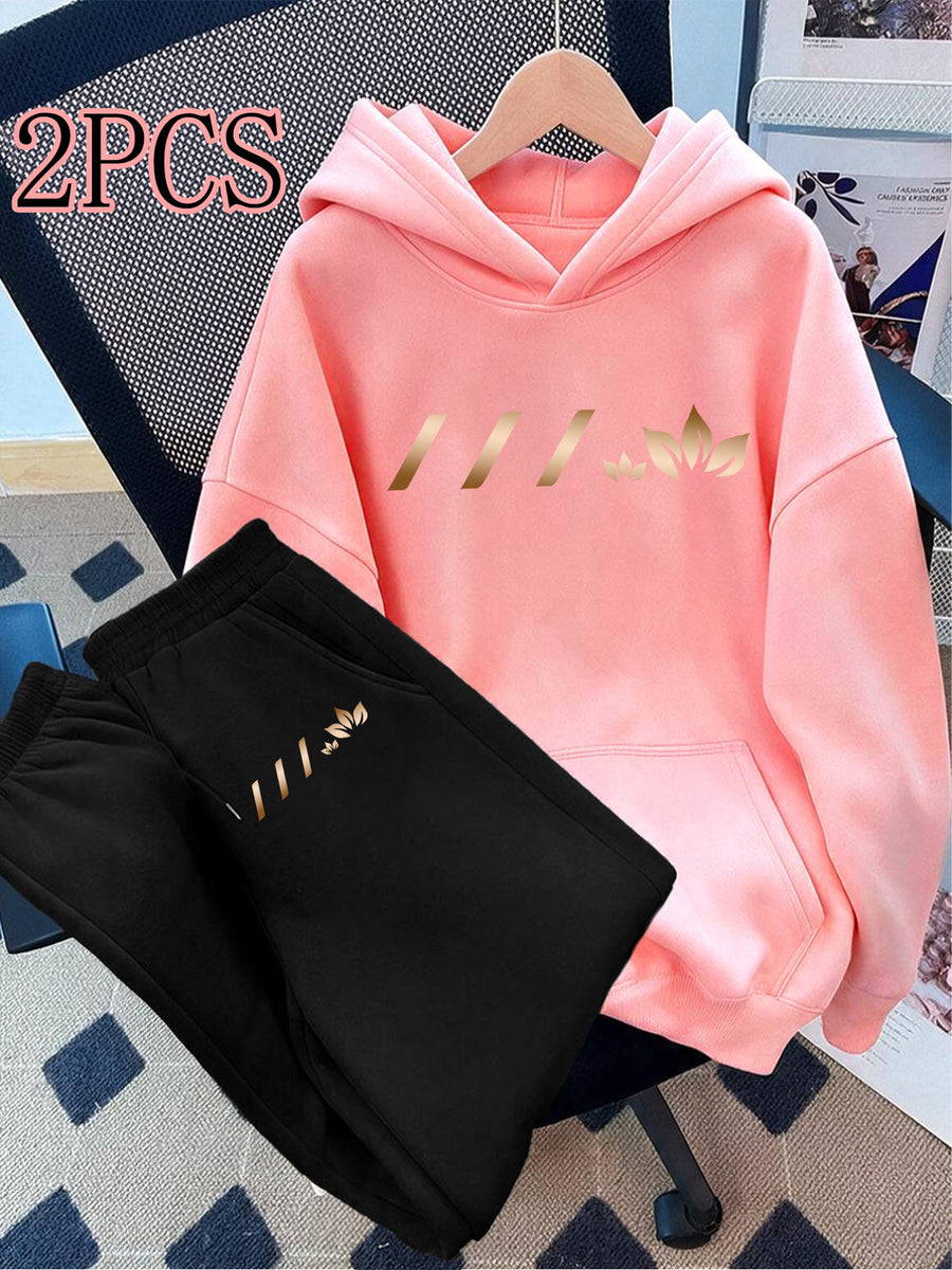 2pcs Promotion Set Suitable for Spring, Autumn, And Winter Fashionable Women'S Elegant Beautiful Y2K Style Athletic Wear, Hooded Fleece-Lined Sweatshirt And Fleece-Lined Long Pants Set - Blush+Black