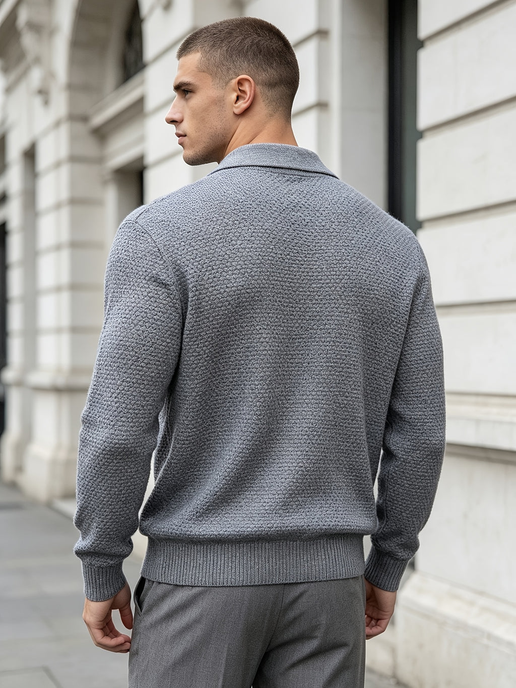 Men'S Business Light Luxury Style Lapel Honeycomb Texture Knit Polo Shirt, Soft Skin-Friendly Knit Fabric, 3D Honeycomb Texture Premium Texture, Slimming And Non-Tight, Long Sleeve Design Easy And Atmospheric Without Extra Logo - Light Grey