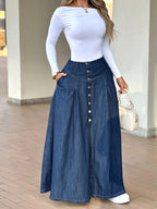 New Spring/Summer High-Waist Button-Front Slit Maxi Skirt, and Versatile Half-Length Dress - Blue